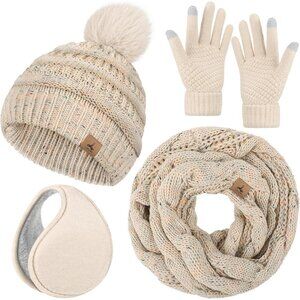 Women off wight Knit Beanie Hat, Gloves, Scarf & Ear Warmer Set - Winter